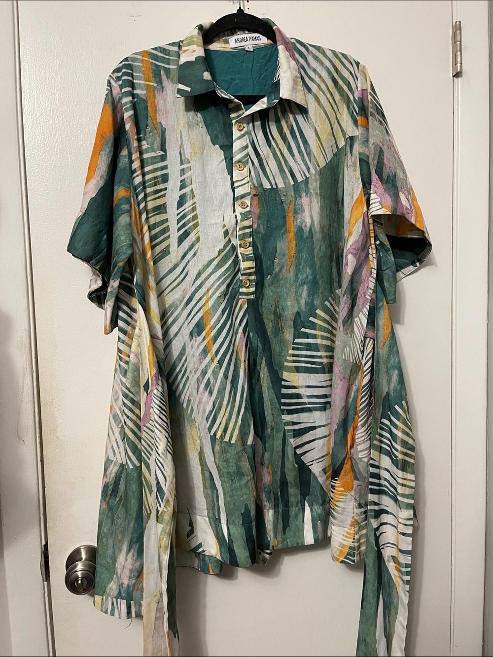 Andrea Iyamah Green Tropical-Print Short Jumpsuit with Mustard & Pink Accents